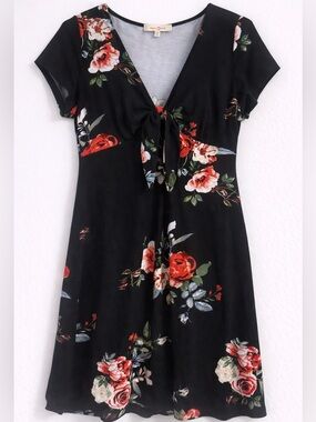 Wishful Park Floral Mini Dress M Tie Front Short Sleeve Black